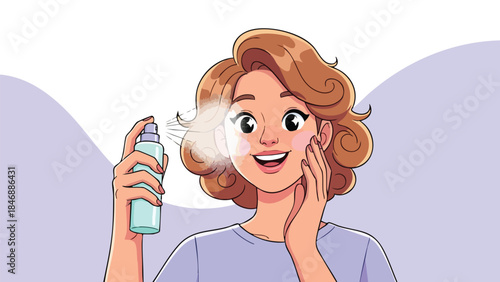 Joyful woman applying refreshing mist for skincare routine and beauty enhancement
