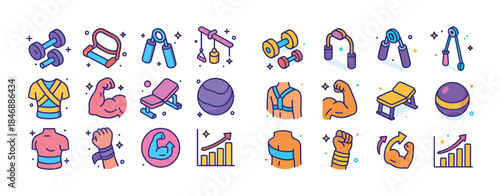 Colorful fitness icon set with exercise equipment and muscle gra