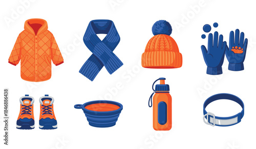 Colorful winter clothing and accessories for outdoor activities