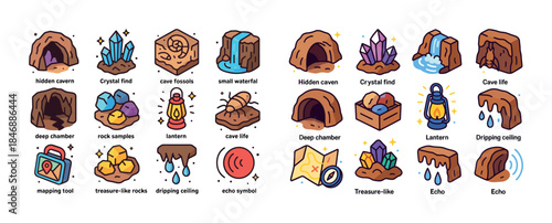 Illustrated icon set featuring caves, crystals, waterfalls, and