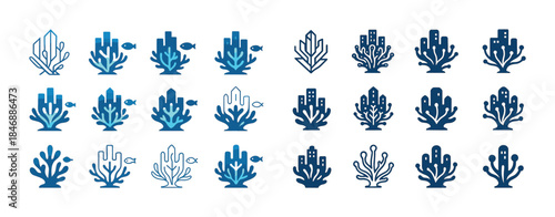 Stylized coral and fish icons in blue tones