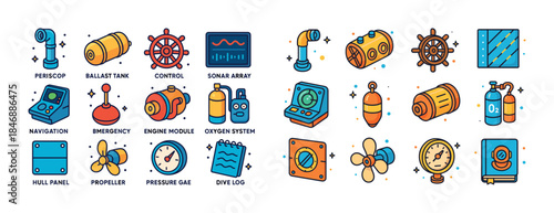 Nautical equipment icons set with periscope ballast sonar and na