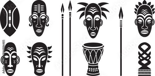African tribal masks and traditional weapons illustration set