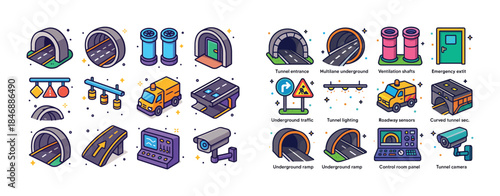 Colorful underground tunnel infrastructure icons collection