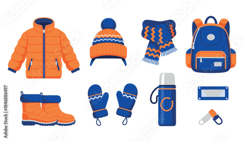 Winter gear collection: orange and blue jacket, hat, scarf, boots, backpack