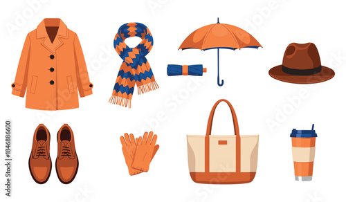Autumn accessories collection: jacket, scarf, umbrella, hat, shoes, gloves, tote, tumbler