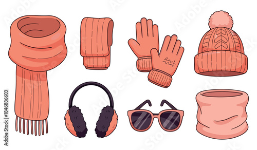 Cozy winter accessories: scarves, gloves, hat, earmuffs, sunglasses