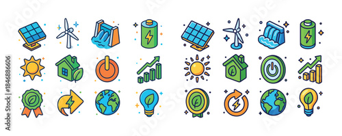 Sustainable energy icons: solar, wind, hydroelectric, eco-friend