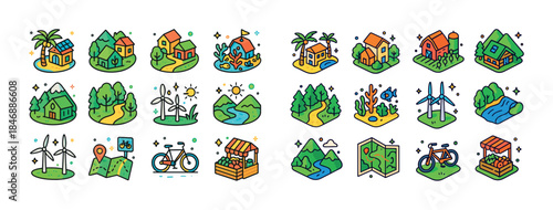 Collection of eco-friendly icons featuring nature, sustainable e