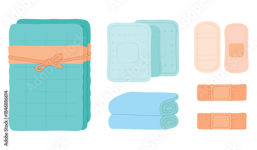 Collection of medical bandages and gauze in various sizes and colors