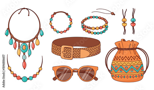 Bohemian style jewelry and accessories: necklaces, bracelets, sunglasses, and bag