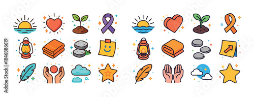 Colorful icons of nature, wellness, and positivity: sun, heart,