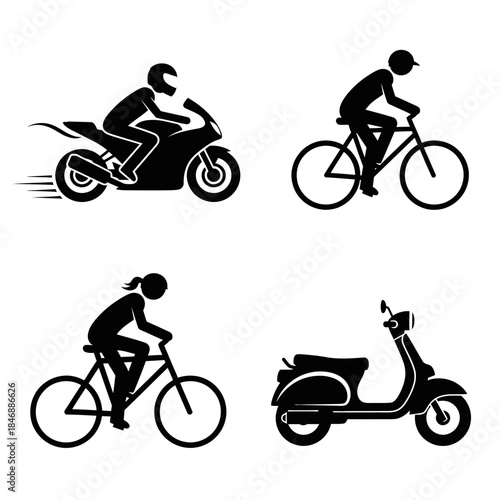 Silhouettes of people riding various modes of transportation.