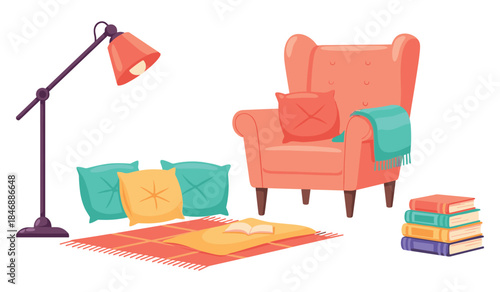 Cozy reading nook with armchair, floor lamp, cushions, and books