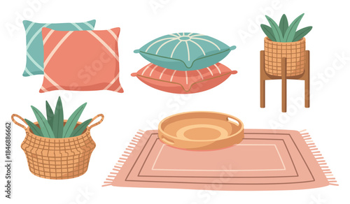 Cozy home decor elements with cushions, plant stands, woven baskets, and rug