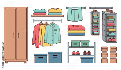 Organized wardrobe elements with clothes, shelves, and storage boxes