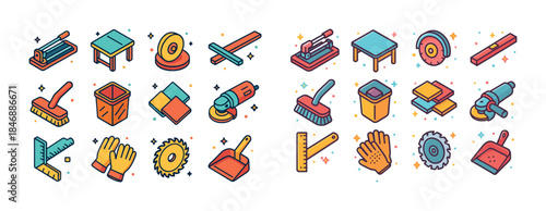 Colorful construction tools set with brushes, saw, ruler, and mo