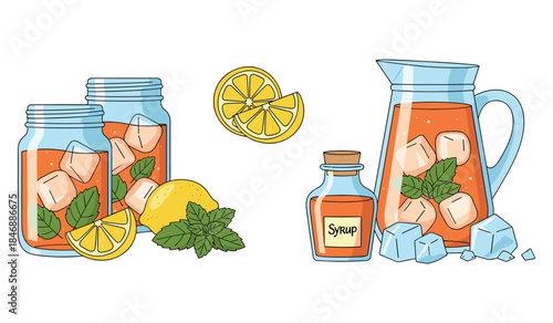 Refreshing lemon iced tea with mint, ice cubes, and syrup in jars and pitcher