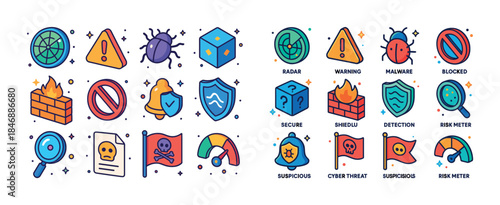 Colorful cybersecurity icons: malware, detection, shield, firewa