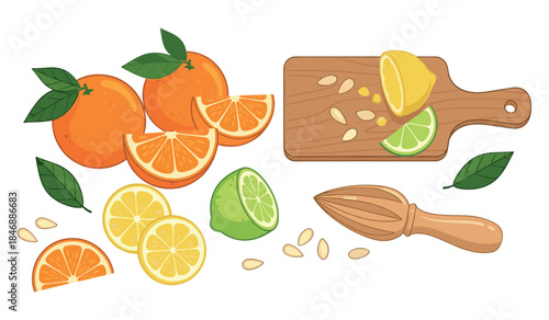 Citrus fruits: oranges, lemons, limes with juicer and cutting board