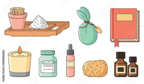 Cozy spa essentials: candle, oils, salt, sponge, and more