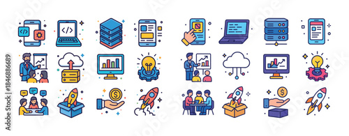 Vector set of technology and business icons featuring devices, c