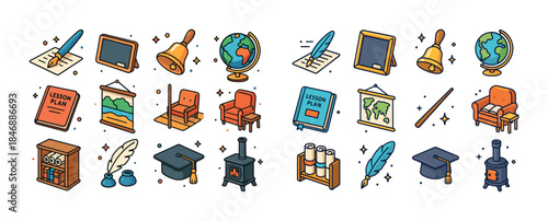 Educational icons: globe, graduation cap, lesson plan, desk bell