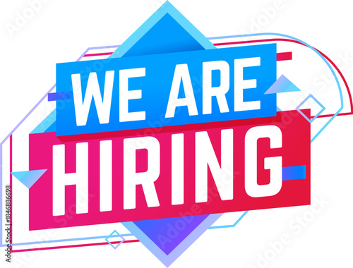 We are hiring job interview icon or tag. Business human resources hiring company banner, job recruitment vector label. Career offer graphic tag or icon with blue and red abstract geometric shapes