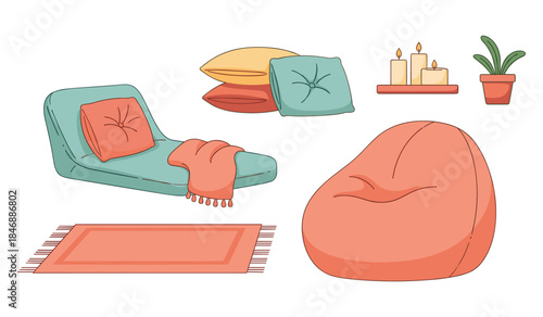 Cozy living room elements with pillows, bean bag, candles, and plant
