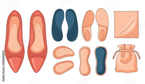 Pink ballet flats with inserts, insoles, cloth, and drawstring bag accessories