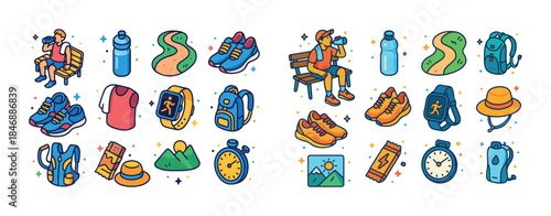 Colorful hiking and running gear icons with male and female char