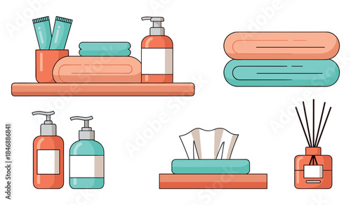 Minimalist bathroom essentials with towels, soap dispenser, and tissues on shelves