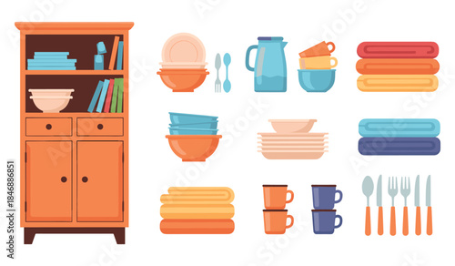 Kitchen cupboard with dishes, utensils, and linen displayed on shelves