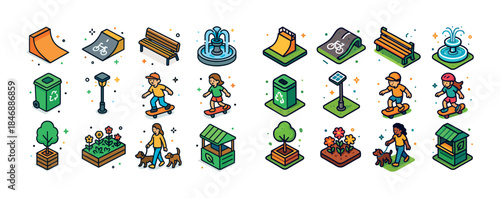 Isometric urban park activities: skateboarding, cycling, pet wal