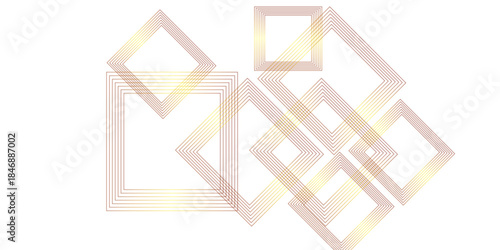 Abstract geometric background with gold and copper line art squares, elegant metallic frames on white for luxury decor