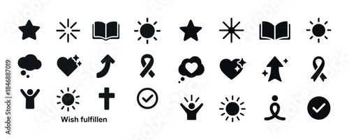 Black and white symbol collection featuring sun, heart, star, an