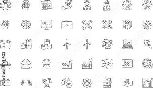 Engineering and technology icon set featuring industrial tools, automation, sustainability, infrastructure, and innovation symbols in modern line style