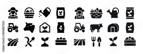 Set of black farming and agriculture icons including tools, plan