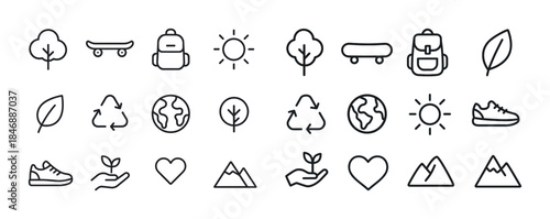 Minimalist nature and adventure icon set with trees, skateboards