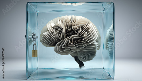 Brain paper glass box lock security creativity knowledge protection concept intelligence. A paper brain sculpture is displayed inside transparent glass box with lock symbolizing protection