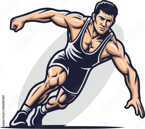 Colored vector illustration of a wrestler in low ready stance, knees bent and arms extended, wearing singlet and shoes on a light background. Ideal for coaching materials, posters, sports club