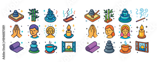 Colorful meditation and relaxation icons with diverse young figu