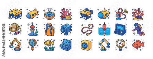 Colorful underwater exploration icons featuring robots, coral, s