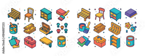 Colorful isometric icons of furniture and diy tools