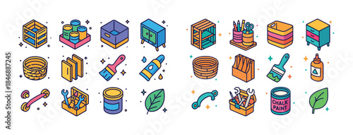 Colorful crafting tools and supplies collection with paint brush