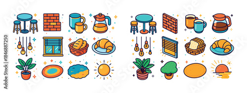 Colorful cafe icons: food, drink, decor, nature, sun