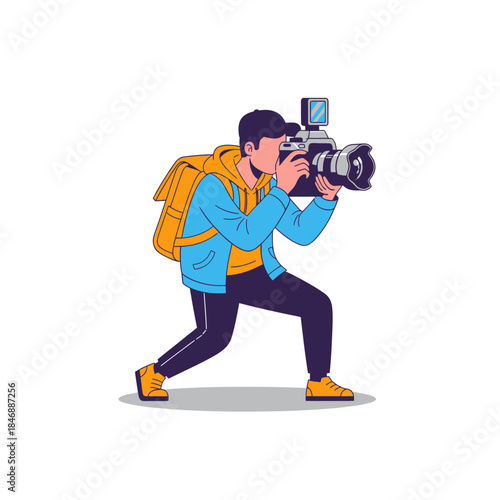 Creative photographer with professional camera captures a moment in an outdoor setting, carrying a backpack for gear