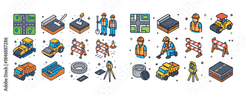 Colorful construction icons set featuring equipment, workers, an