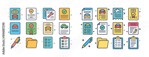 Car insurance icons: documents, checklist, certificate, repair t