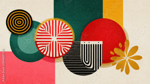 Vibrant abstract background of geometric shapes and circles with retro patterns. Modern art composition features colorful design elements for creative and joyful backdrop